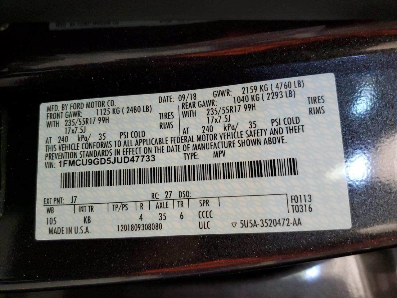 2018 Ford Escape Se VIN: 1FMCU9GD5JUD47733 Lot: 86068415