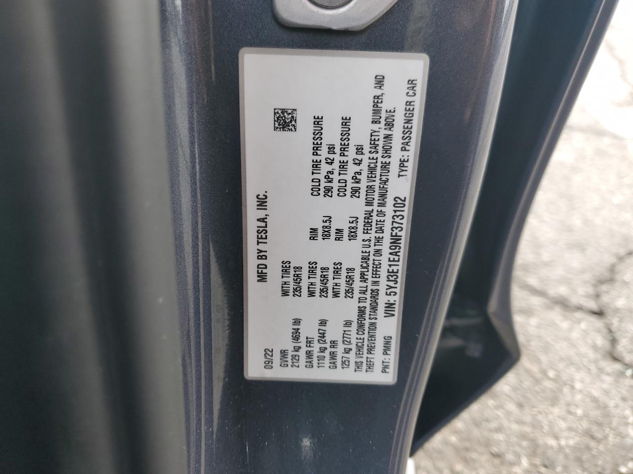 2022 Tesla Model 3 VIN: 5YJ3E1EA9NF373102 Lot: 84947685