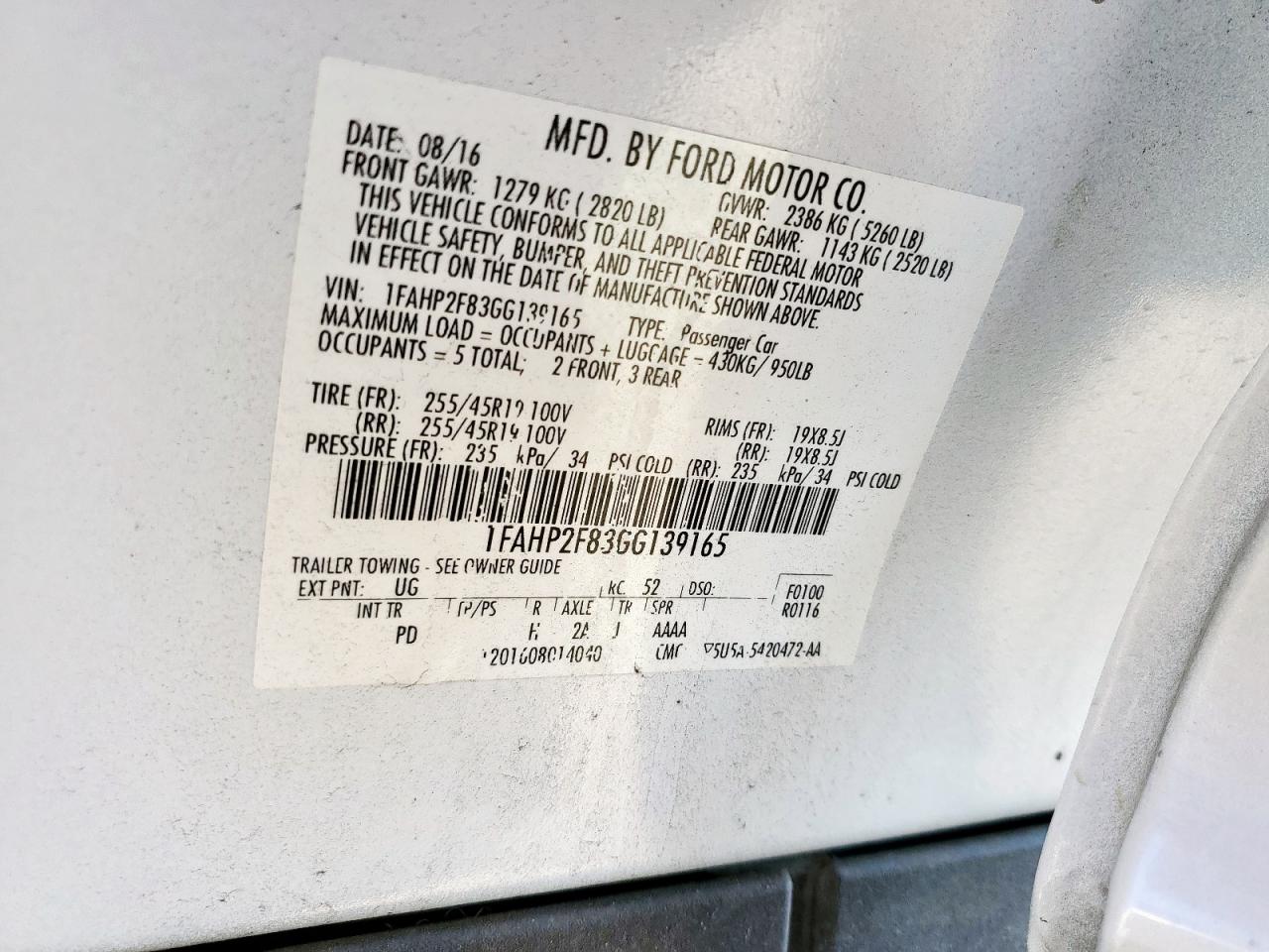 2016 Ford Taurus Limited VIN: 1FAHP2F83GG139165 Lot: 85823845