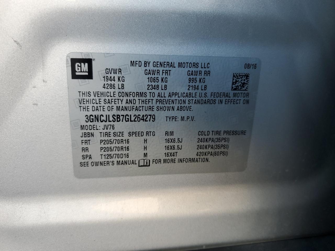 2016 Chevrolet Trax 1Lt VIN: 3GNCJLSB7GL264279 Lot: 87235985