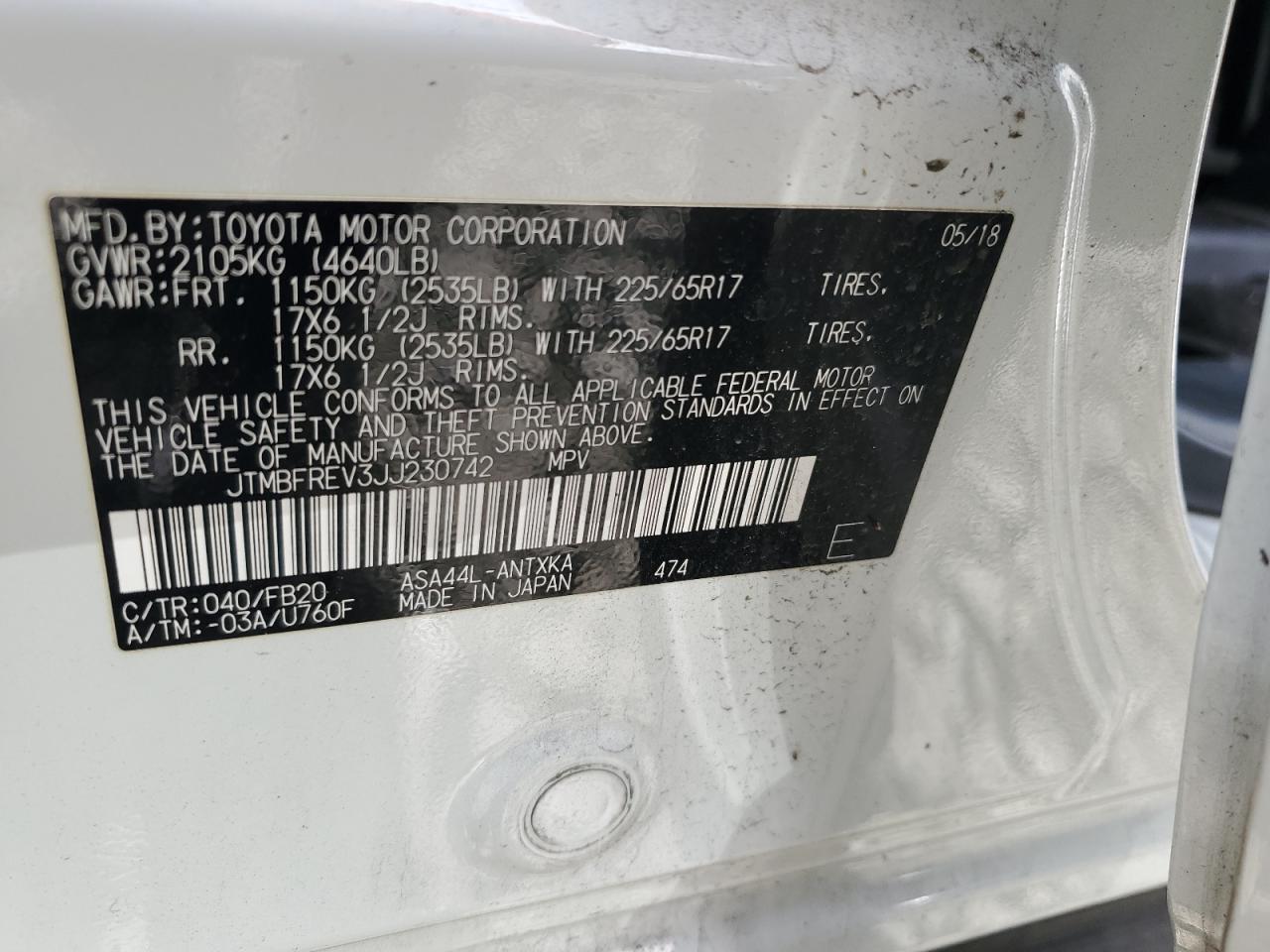 2018 Toyota Rav4 Le VIN: JTMBFREV3JJ230742 Lot: 85838665