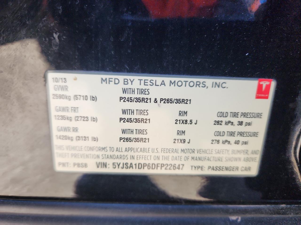2013 Tesla Model S VIN: 5YJSA1DP6DFP22647 Lot: 84632825