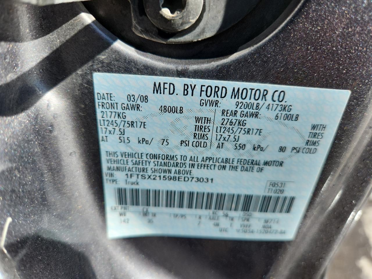 2008 Ford F250 Super Duty VIN: 1FTSX21598ED73031 Lot: 84894395