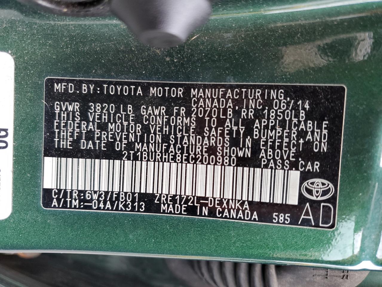 2014 Toyota Corolla L VIN: 2T1BURHE8EC200980 Lot: 82425875