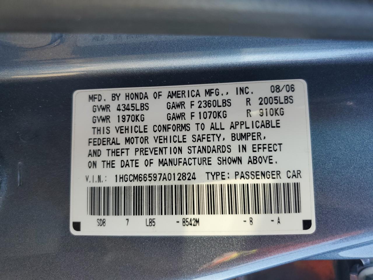 2007 Honda Accord Ex VIN: 1HGCM66597A012824 Lot: 82694585