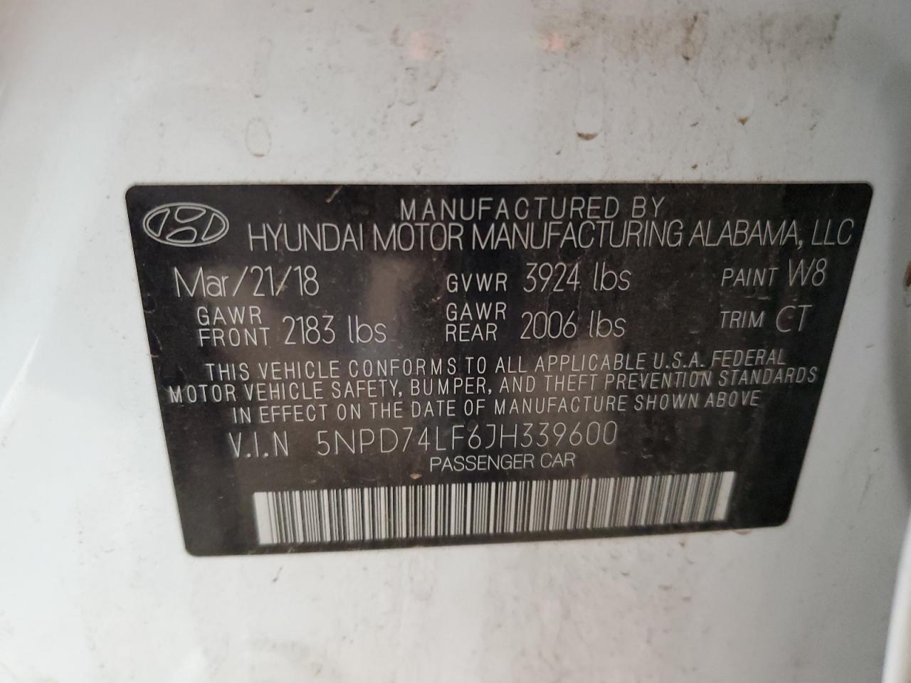 2018 Hyundai Elantra Se VIN: 5NPD74LF6JH339600 Lot: 86315855