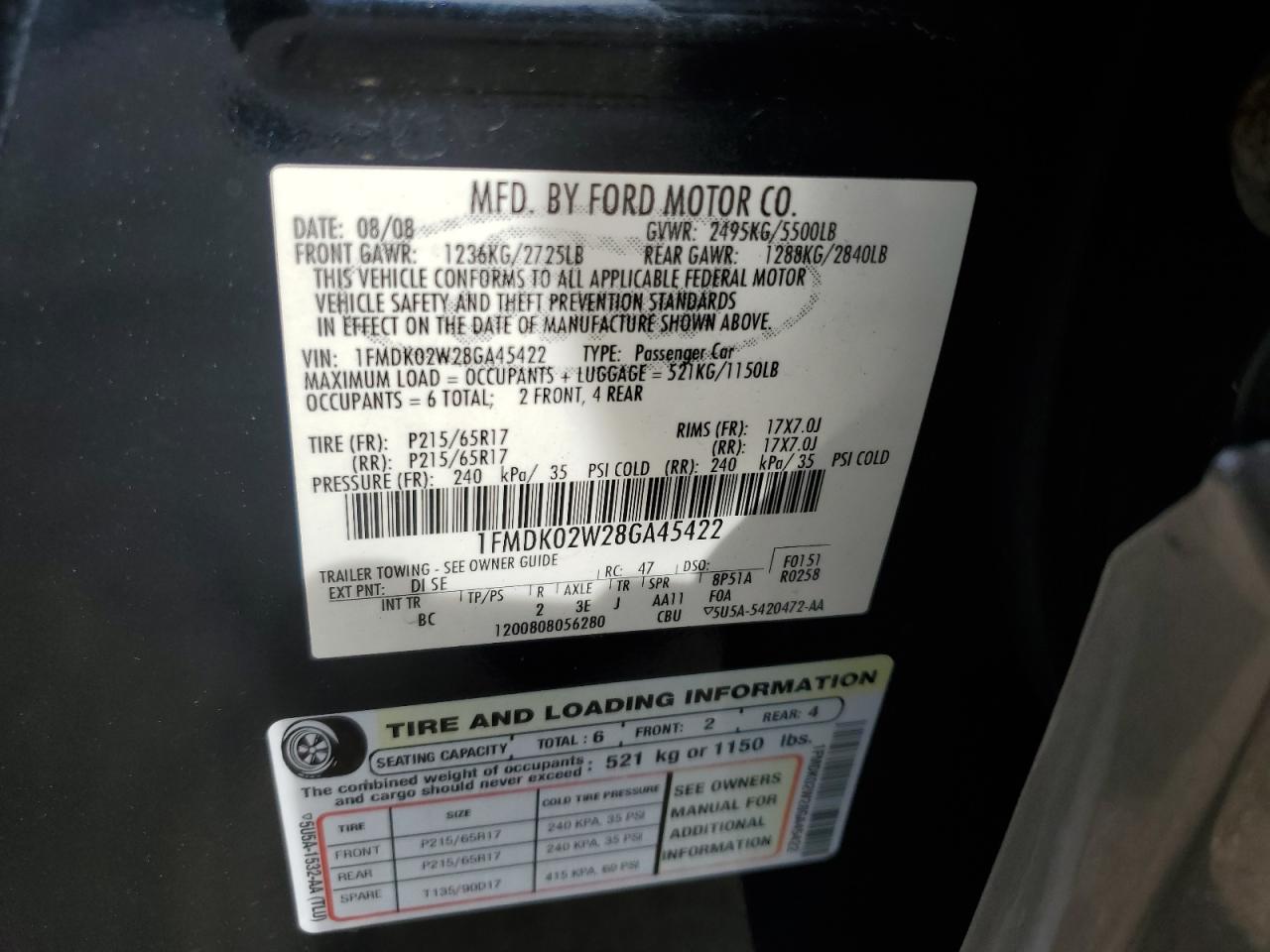 2008 Ford Taurus VIN: 1FMDK02W28GA45422 Lot: 82392785