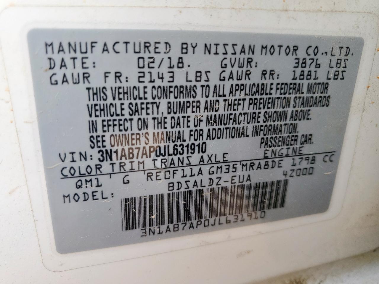 2018 Nissan Sentra S VIN: 3N1AB7AP0JL631910 Lot: 86521435