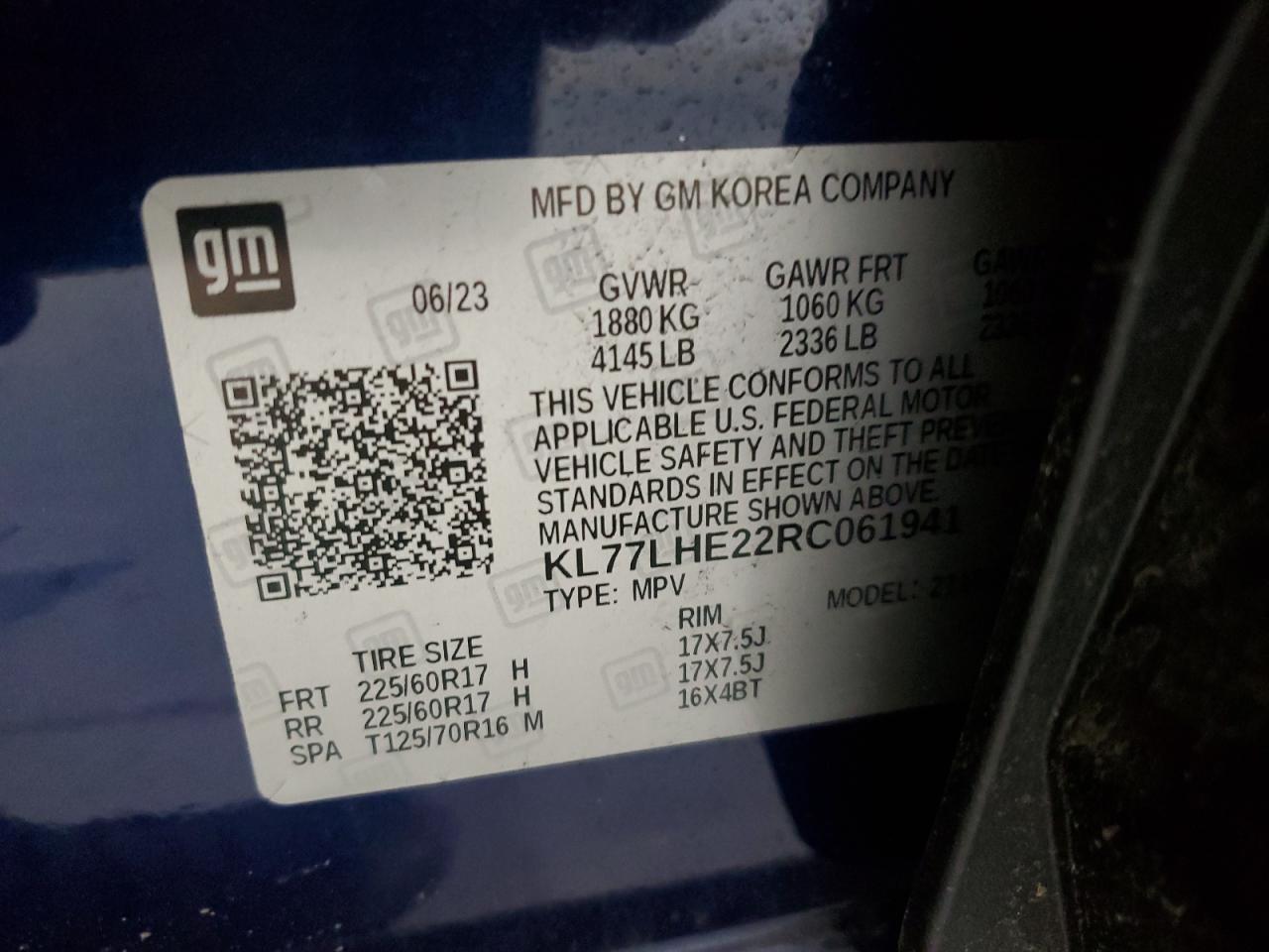 2024 Chevrolet Trax 1Lt VIN: KL77LHE22RC061941 Lot: 90373555