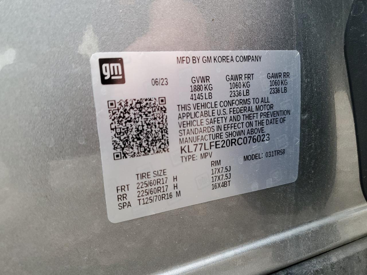 2024 Chevrolet Trax Ls VIN: KL77LFE20RC076023 Lot: 89833925