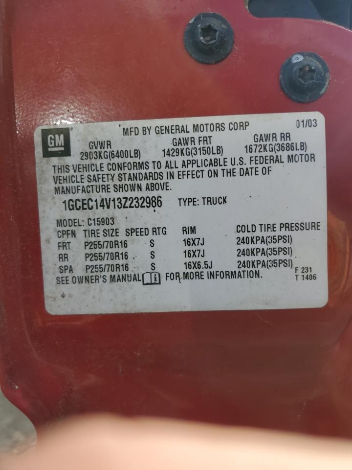 2003 Chevrolet Silverado C1500 VIN: 1GCEC14V13Z232986 Lot: 84289355