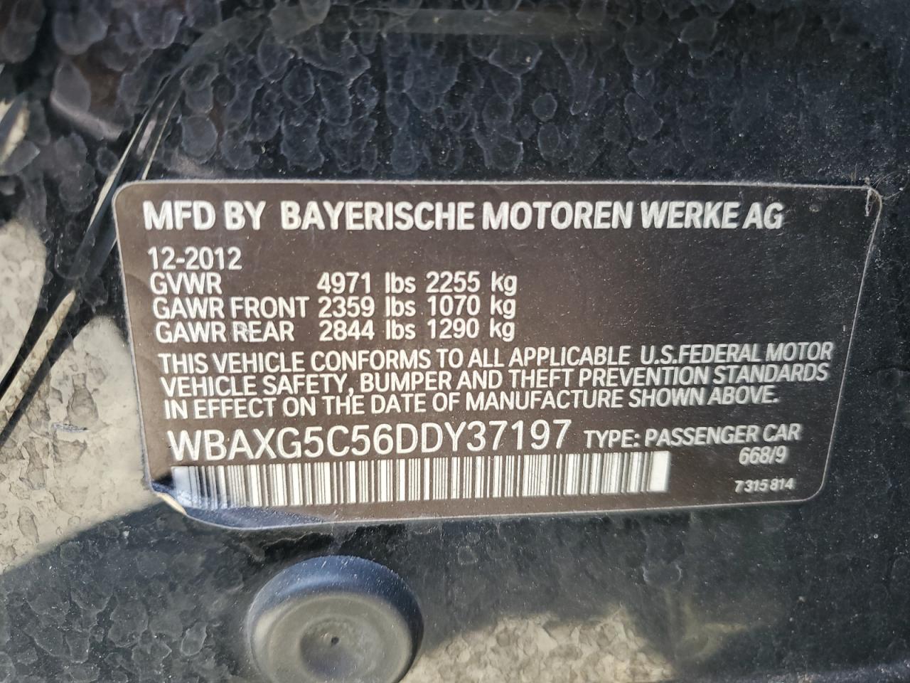 2013 BMW 528 I VIN: WBAXG5C56DDY37197 Lot: 82314315