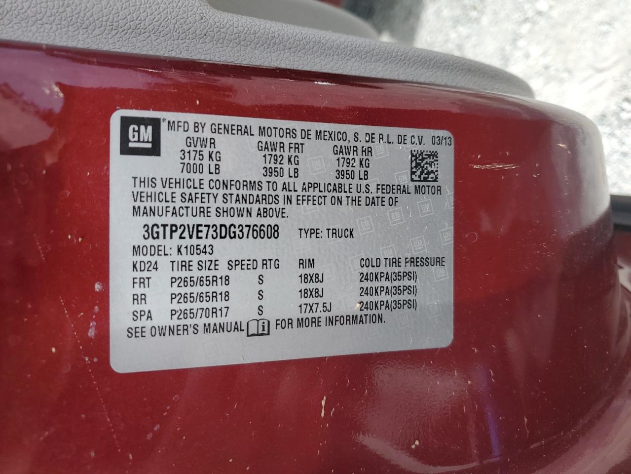 2013 GMC Sierra K1500 Sle VIN: 3GTP2VE73DG376608 Lot: 81898555
