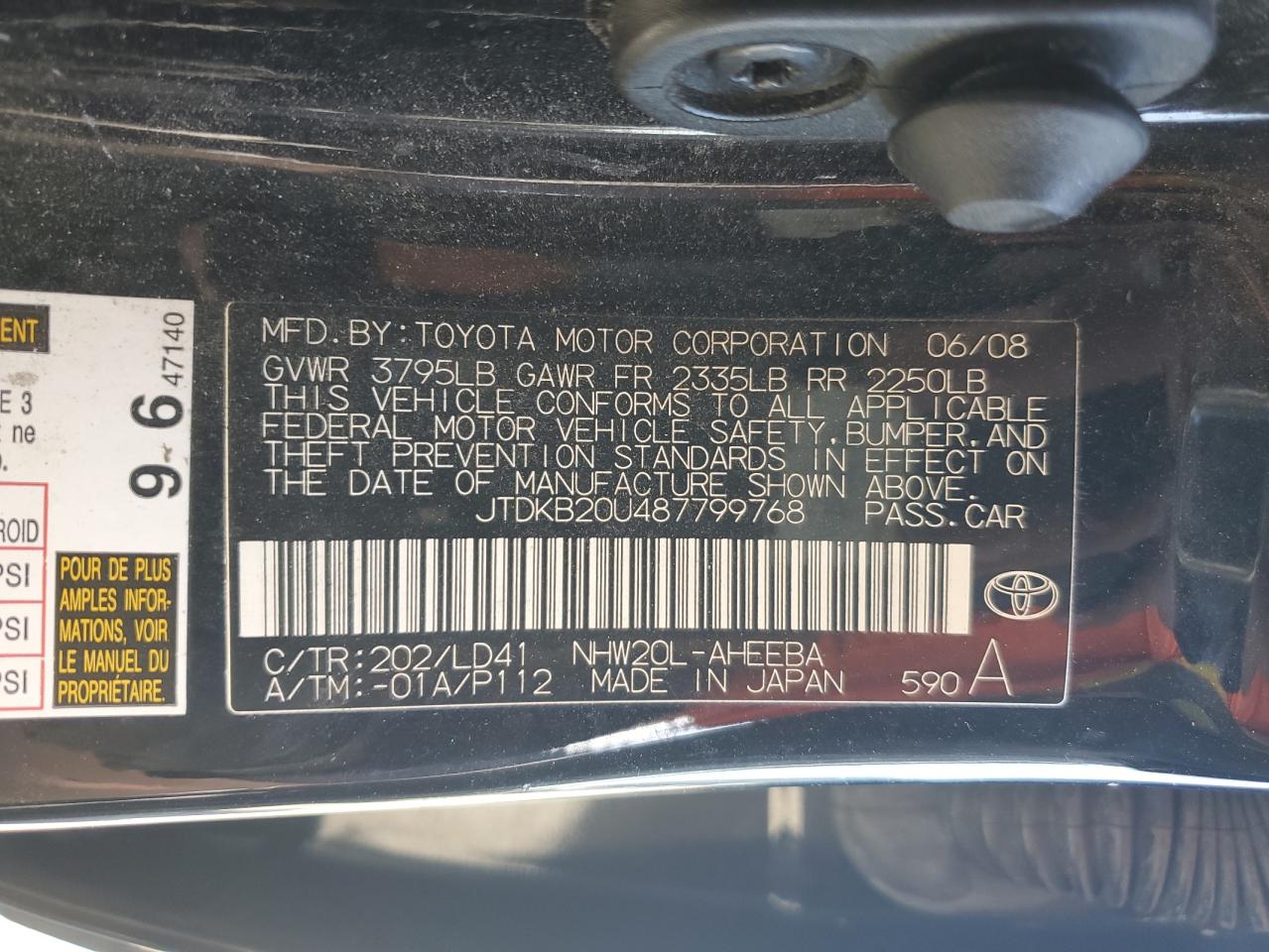 2008 Toyota Prius VIN: JTDKB20U487799768 Lot: 82288065