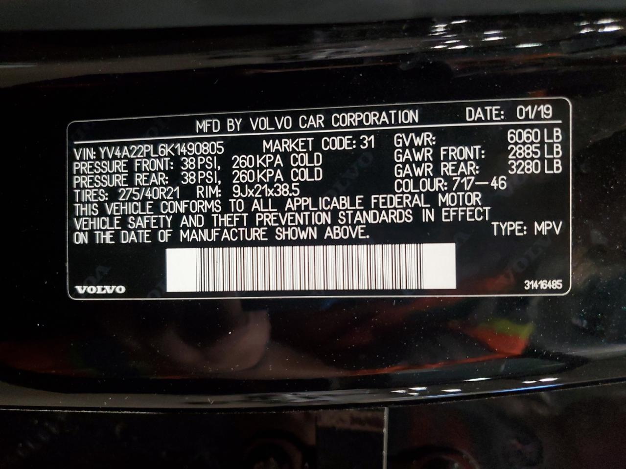 2019 Volvo Xc90 T6 Inscription VIN: YV4A22PL6K1490805 Lot: 85912245