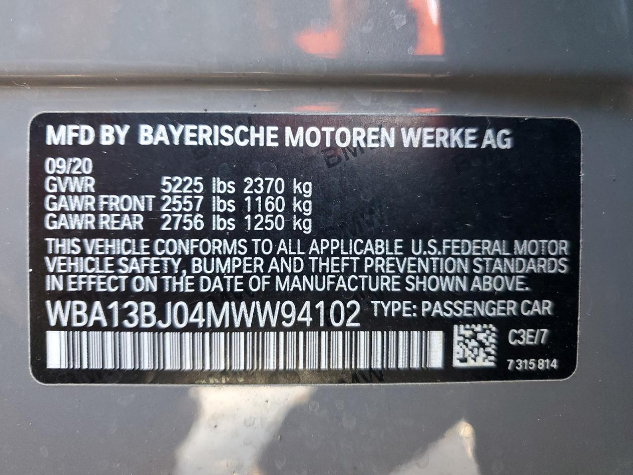 2021 BMW 530 Xi VIN: WBA13BJ04MWW94102 Lot: 87232075