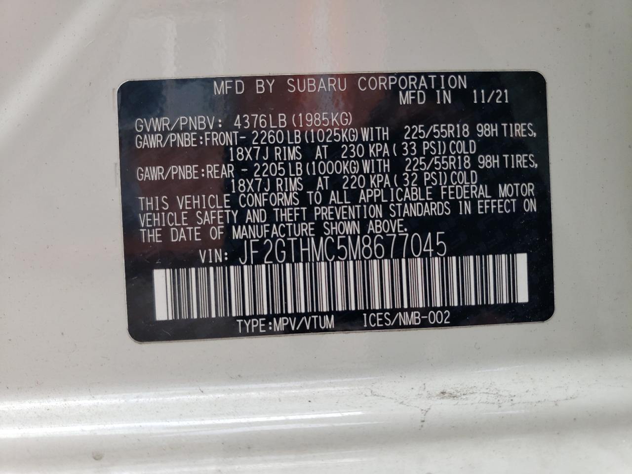 2021 Subaru Crosstrek Limited VIN: JF2GTHMC5M8677045 Lot: 89625935