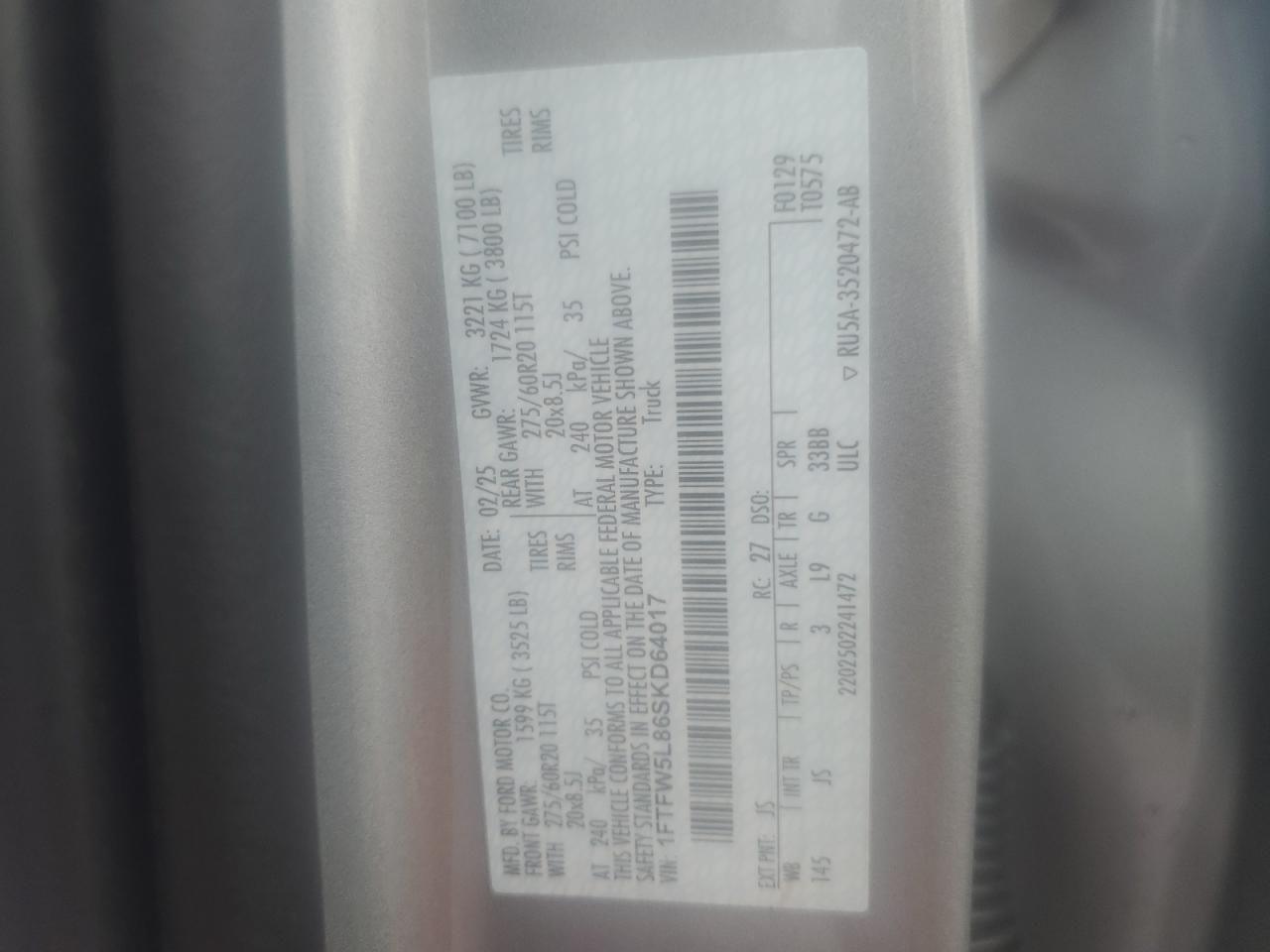 2025 Ford F150 Lariat VIN: 1FTFW5L86SKD64017 Lot: 90329285