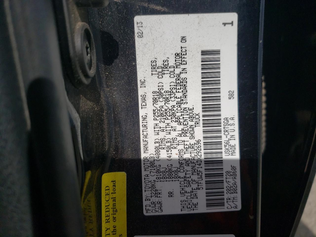 2013 Toyota Tundra Double Cab Sr5 VIN: 5TFUW5F14DX292696 Lot: 86285165