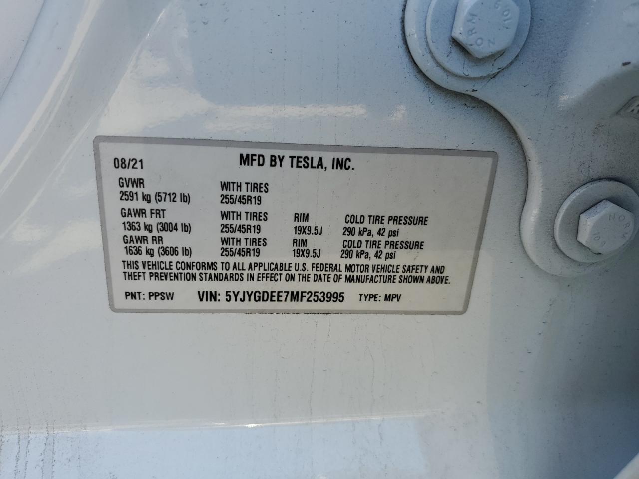 2021 Tesla Model Y VIN: 5YJYGDEE7MF253995 Lot: 87415735