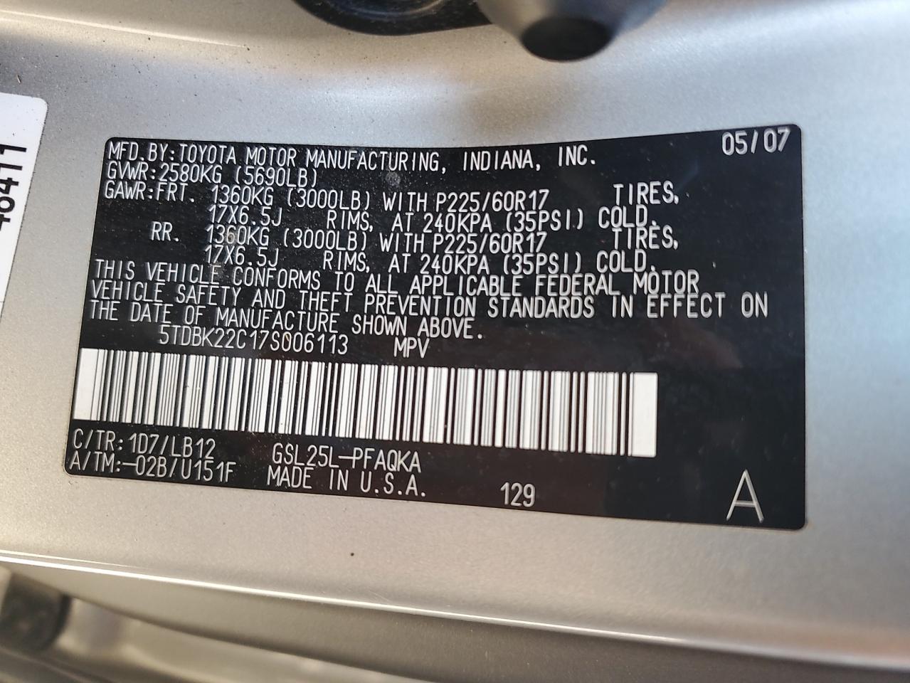 2007 Toyota Sienna Xle VIN: 5TDBK22C17S006113 Lot: 82493655