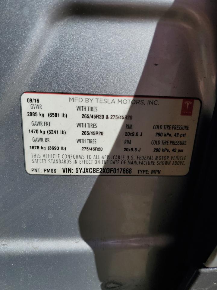 2016 Tesla Model X VIN: 5YJXCBE2XGF017668 Lot: 87201665