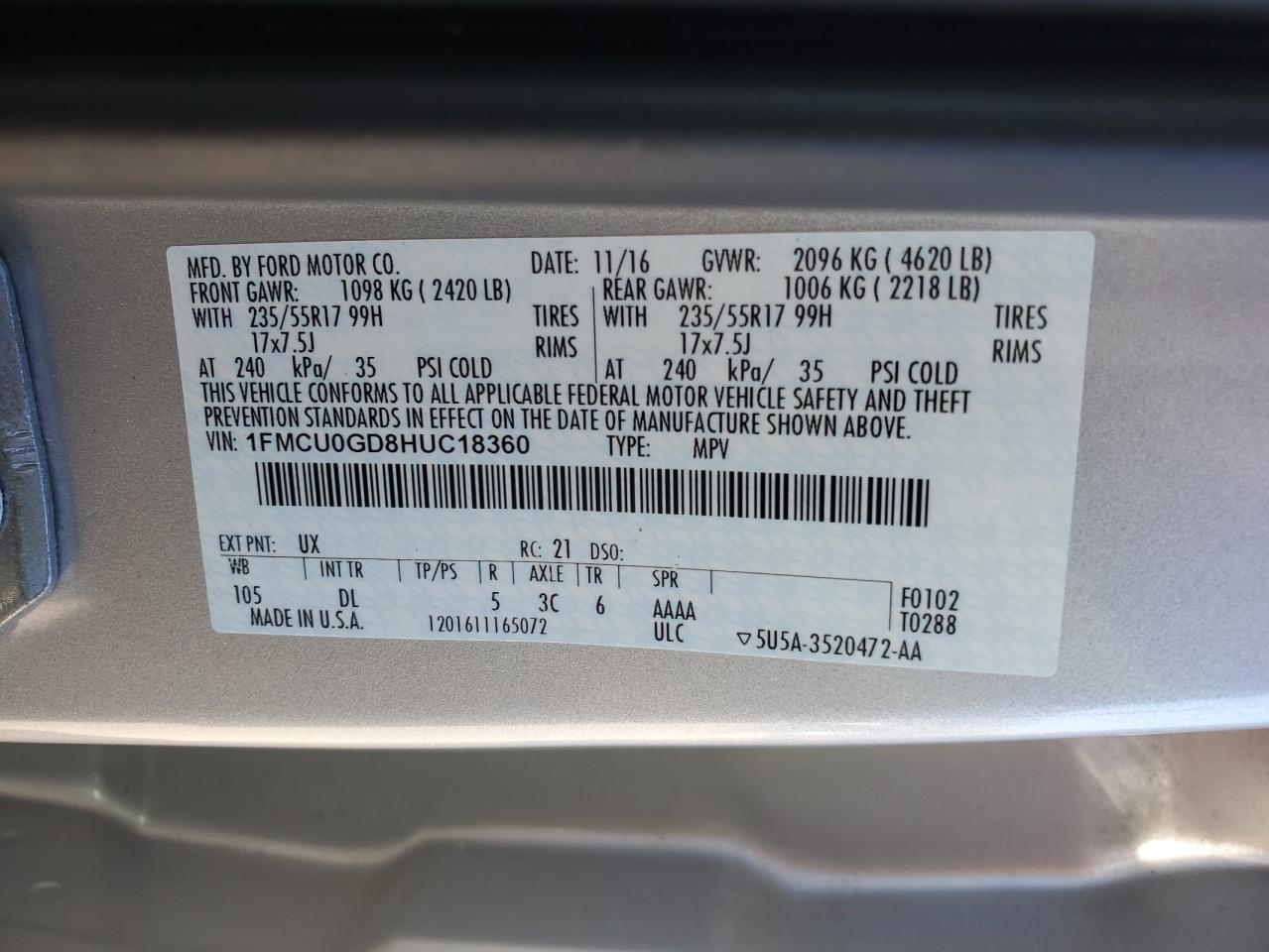 2017 Ford Escape Se VIN: 1FMCU0GD8HUC18360 Lot: 86610015