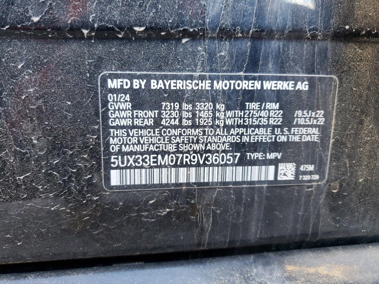 2024 BMW X7 M60I VIN: 5UX33EM07R9V36057 Lot: 86311265