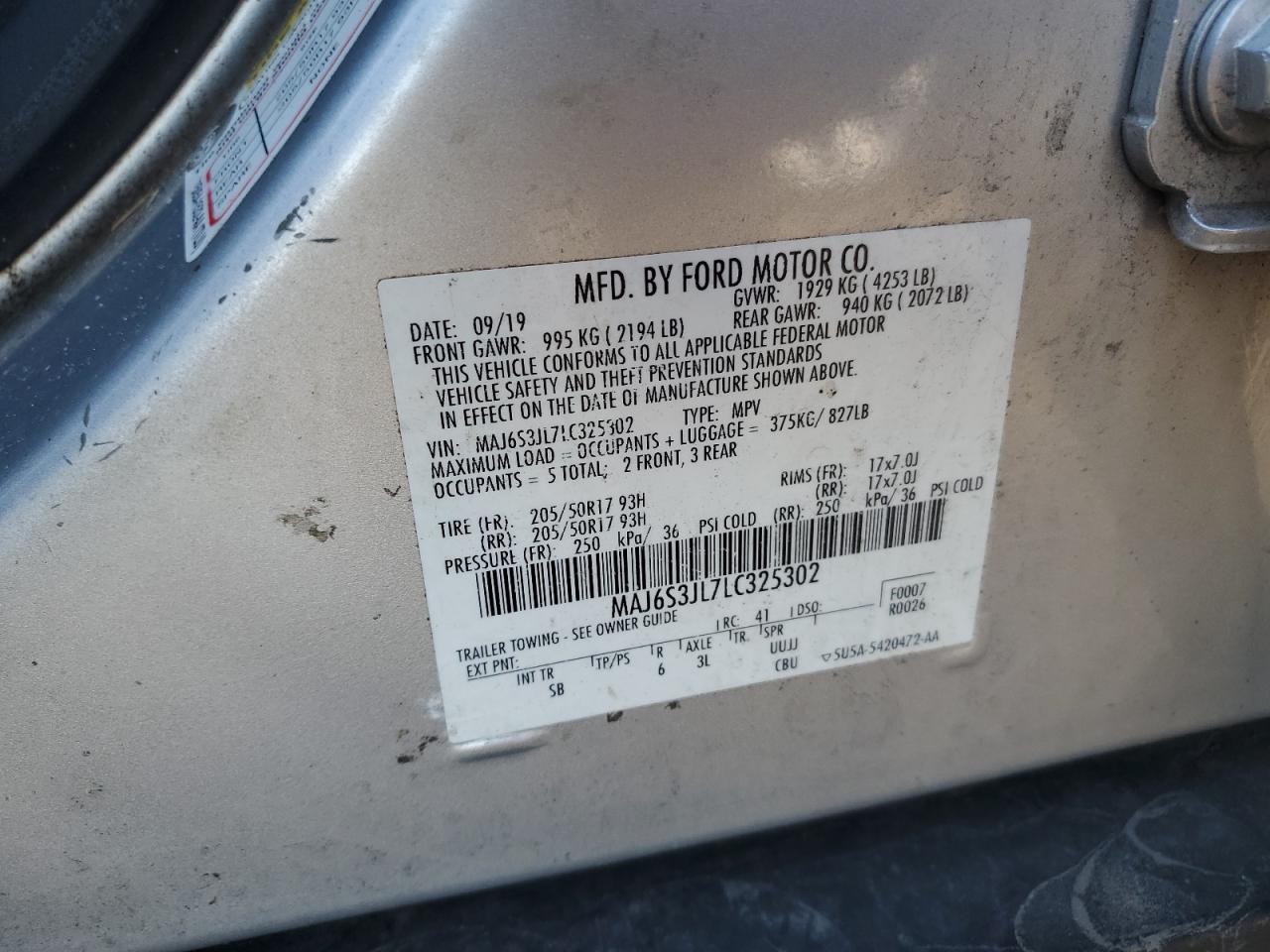 2020 Ford Ecosport Ses VIN: MAJ6S3JL7LC325302 Lot: 86815055