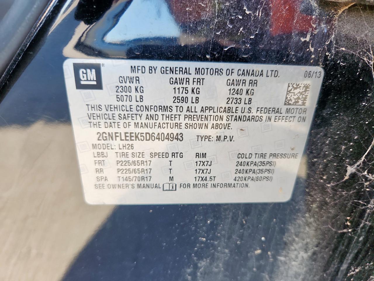 2013 Chevrolet Equinox Lt VIN: 2GNFLEEK5D6404943 Lot: 86339465