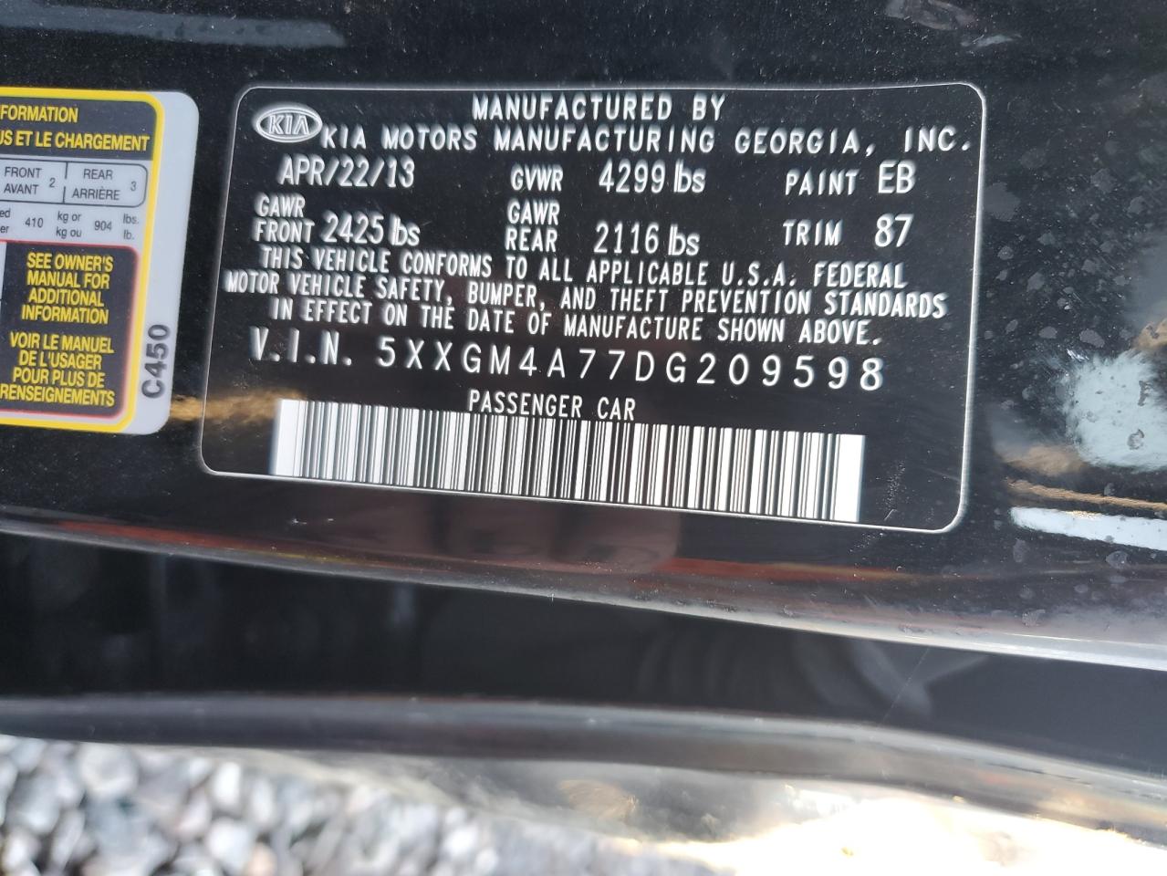 2013 Kia Optima Lx VIN: 5XXGM4A77DG209598 Lot: 82347605