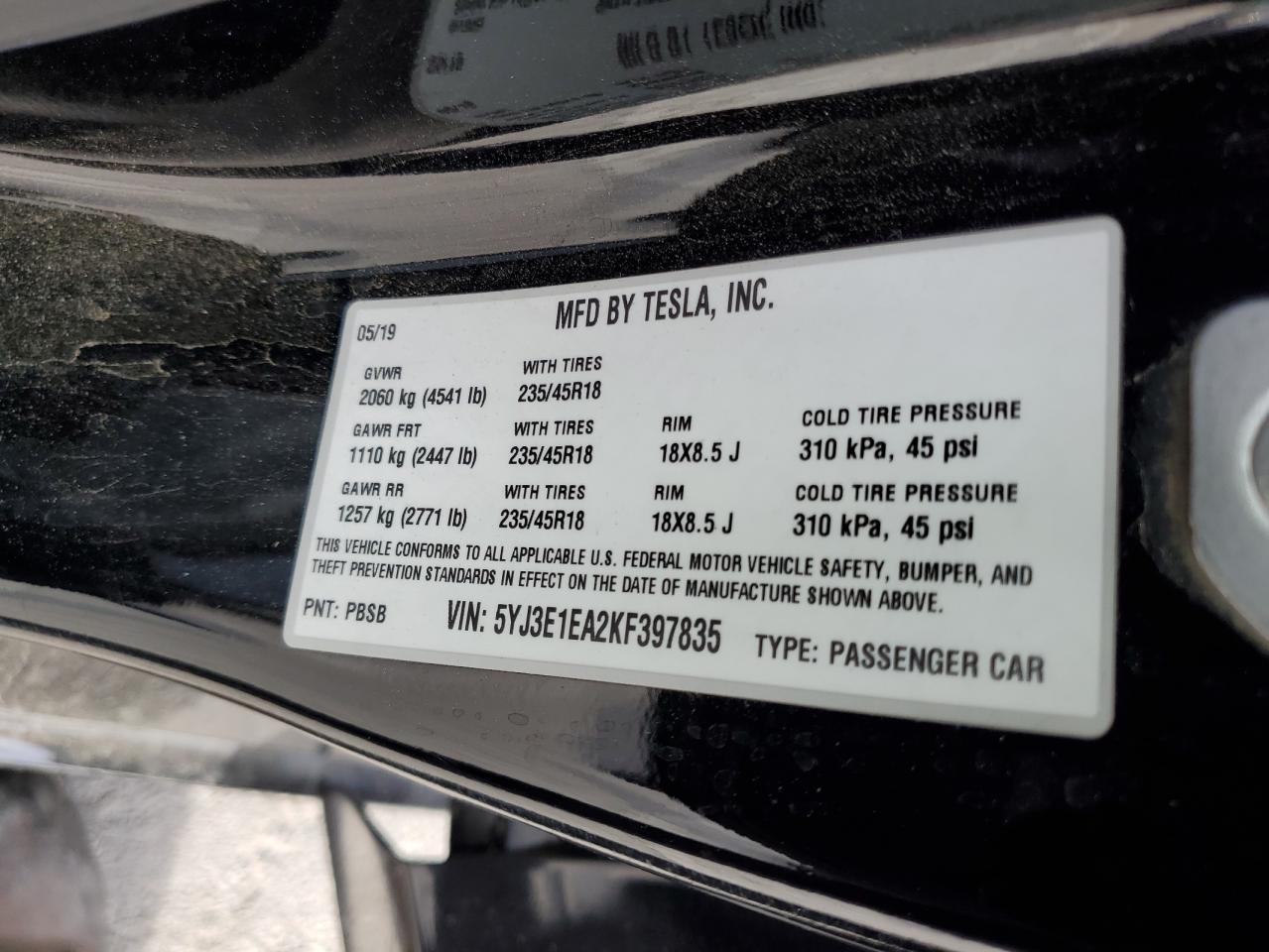 2019 Tesla Model 3 VIN: 5YJ3E1EA2KF397835 Lot: 86504615