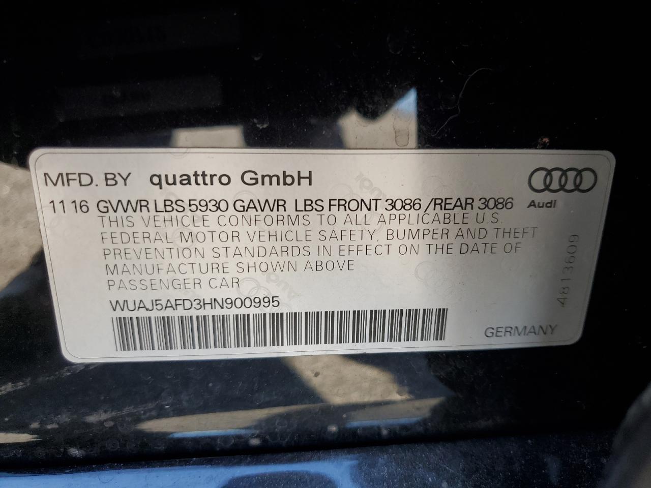 2017 Audi S8 Plus Quattro VIN: WUAJ5AFD3HN900995 Lot: 86691015