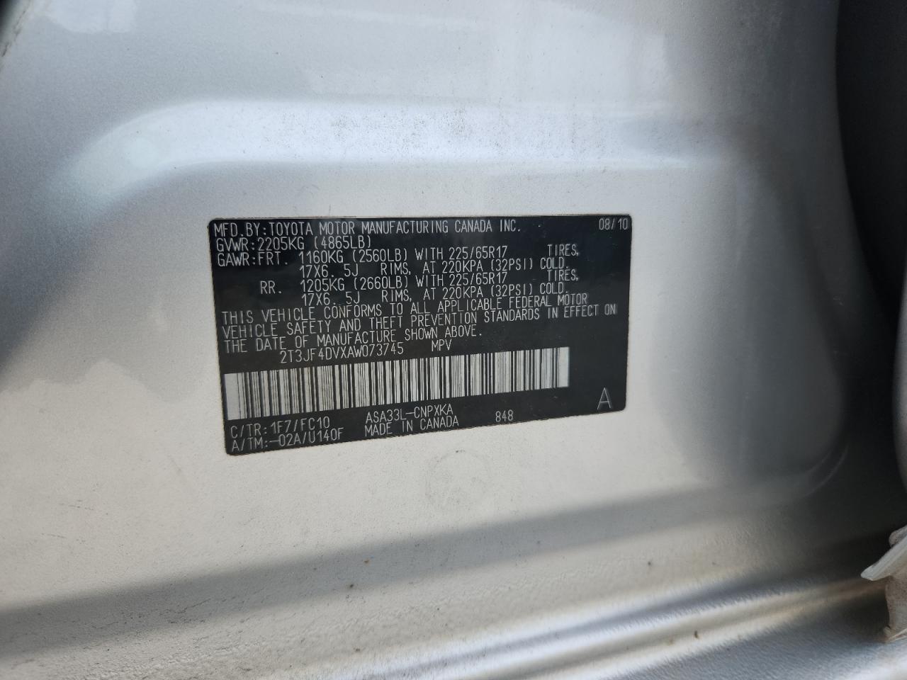 2010 Toyota Rav4 VIN: 2T3JF4DVXAW073745 Lot: 82211765