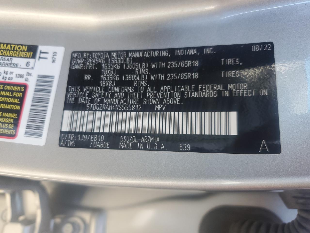 2022 Toyota Highlander Xle VIN: 5TDGZRAH4NS555812 Lot: 86330225