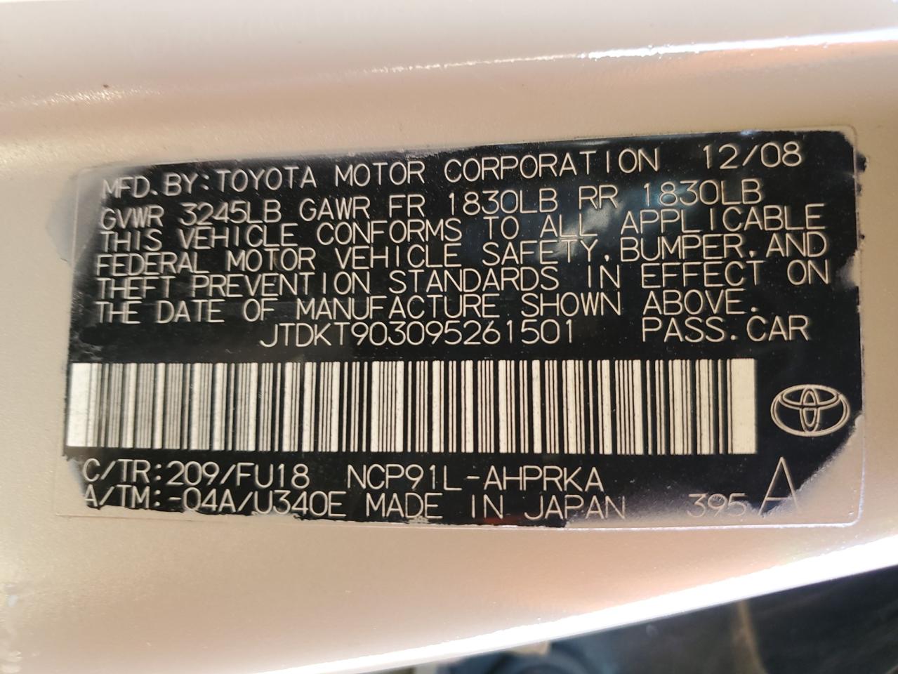 2009 Toyota Yaris VIN: JTDKT903095261501 Lot: 82616345