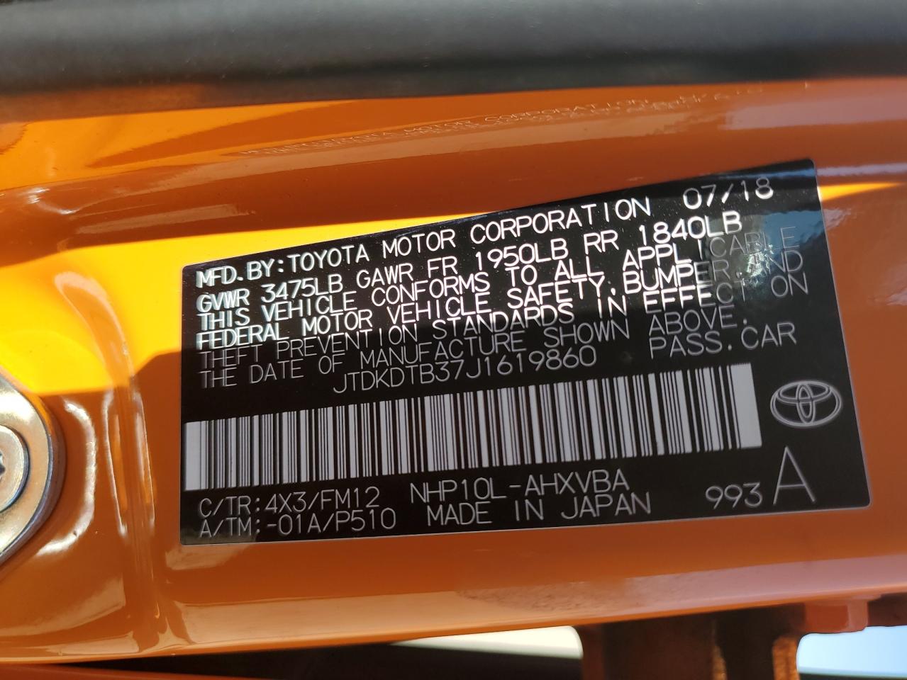 2018 Toyota Prius C VIN: JTDKDTB37J1619860 Lot: 86095045