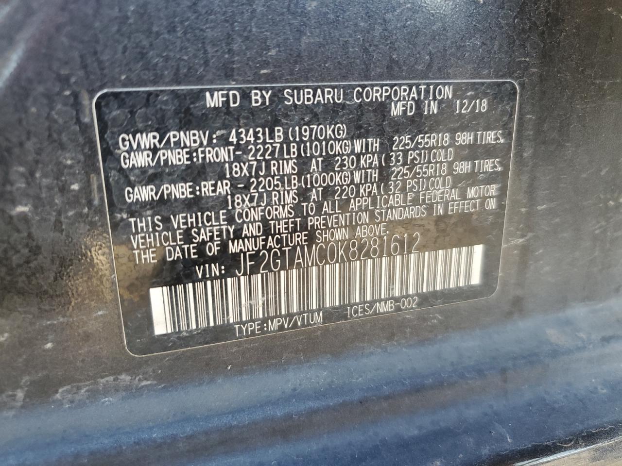 2019 Subaru Crosstrek Limited VIN: JF2GTAMC0K8281612 Lot: 82589475