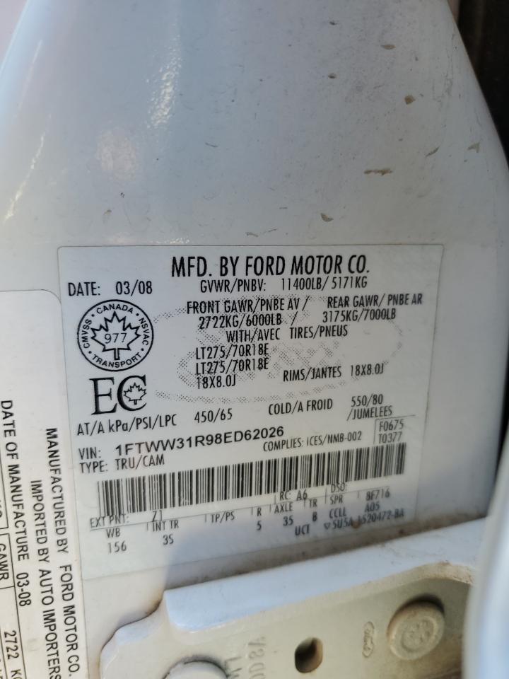 2008 Ford F350 Srw Super Duty VIN: 1FTWW31R98ED62026 Lot: 82706755