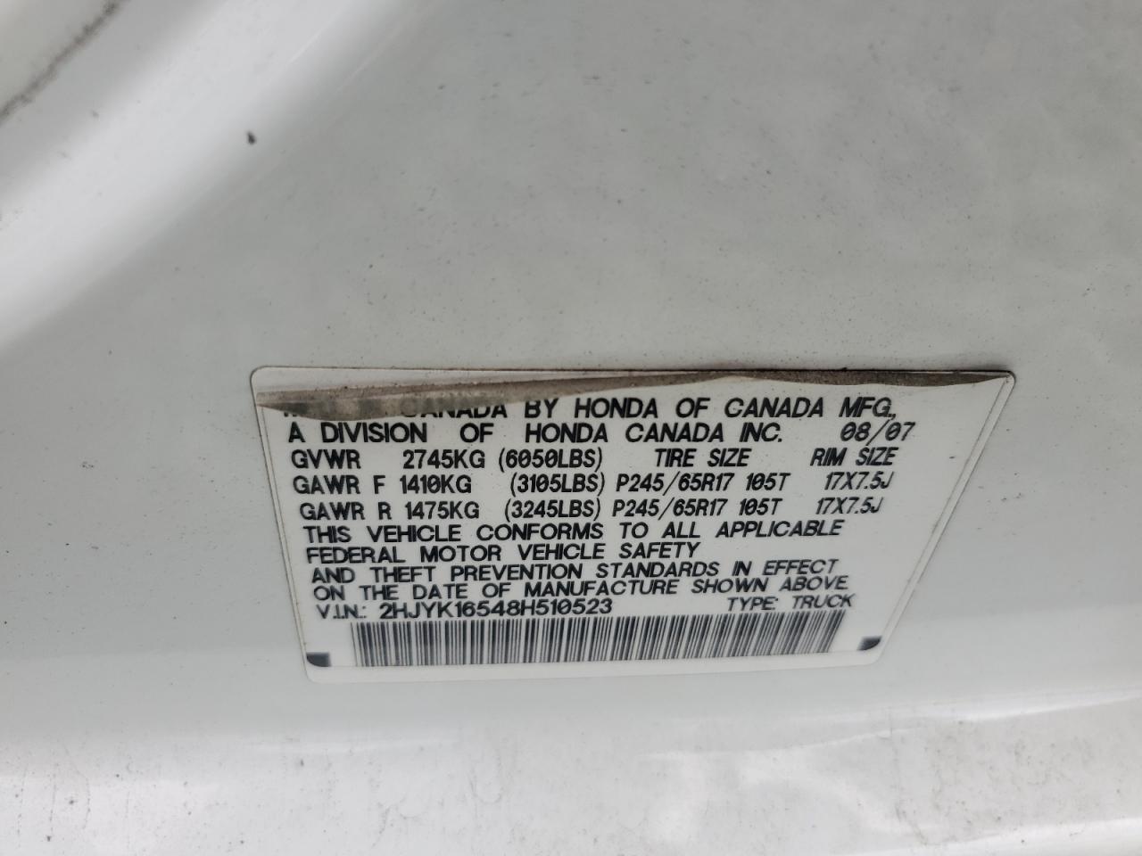 2008 Honda Ridgeline Rtl VIN: 2HJYK16548H510523 Lot: 84774725