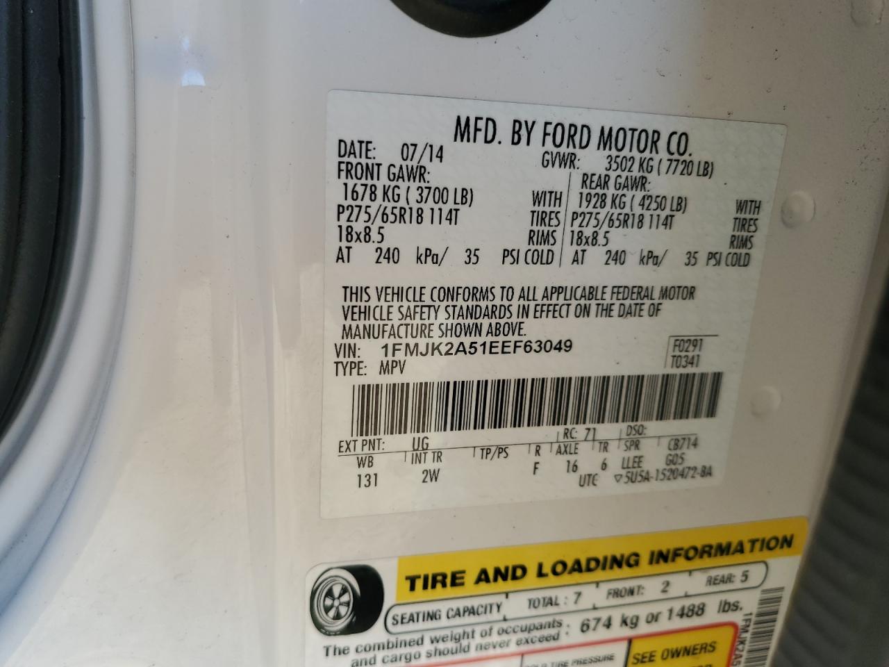 2014 Ford Expedition El Limited VIN: 1FMJK2A51EEF63049 Lot: 81922135