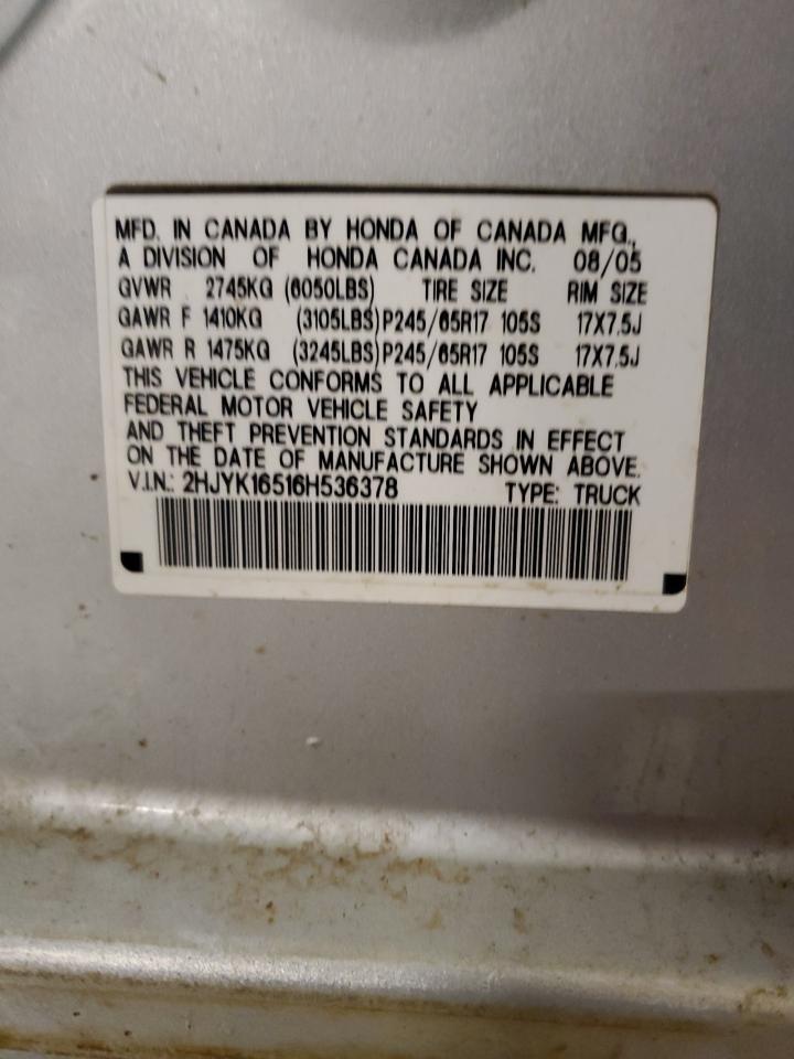 2006 Honda Ridgeline Rtl VIN: 2HJYK16516H536378 Lot: 85574795