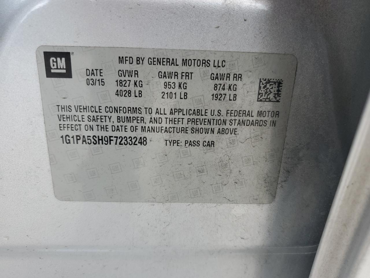 2015 Chevrolet Cruze Ls VIN: 1G1PA5SH9F7233248 Lot: 82176445