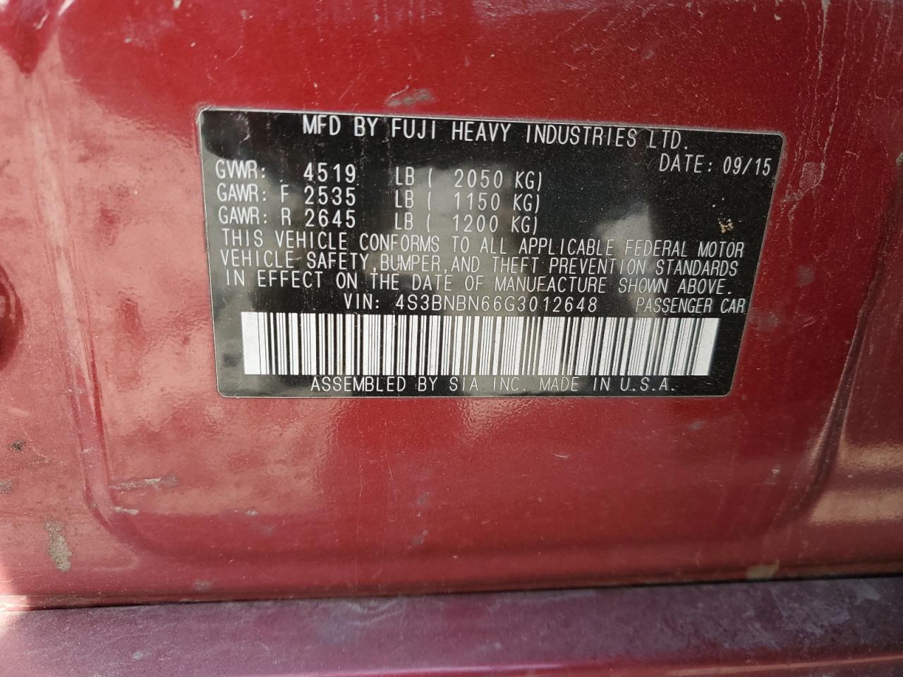 2016 Subaru Legacy 2.5I Limited VIN: 4S3BNBN66G3012648 Lot: 82698555