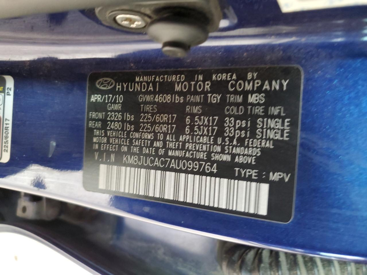 2010 Hyundai Tucson Gls VIN: KM8JUCAC7AU099764 Lot: 85824465