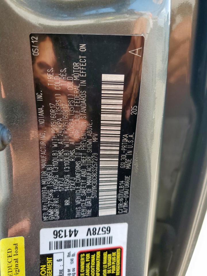 2012 Toyota Sienna Xle VIN: 5TDYK3DC8CS257279 Lot: 84924515