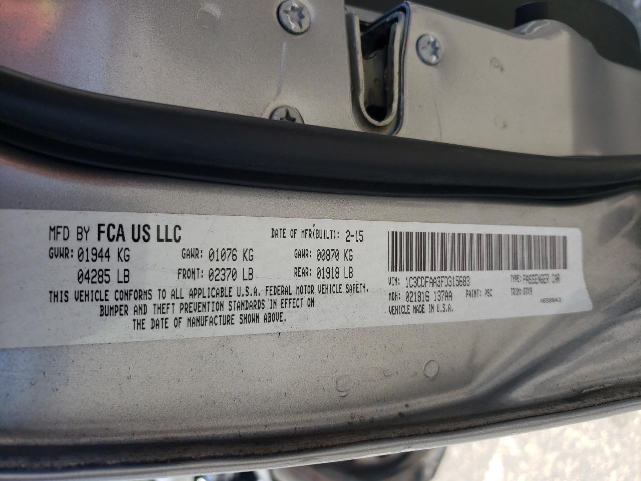 2015 Dodge Dart Se VIN: 1C3CDFAA3FD315683 Lot: 81973745