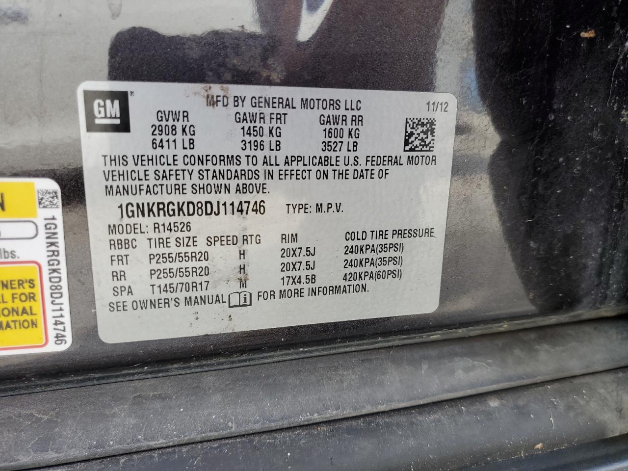 2013 Chevrolet Traverse Lt VIN: 1GNKRGKD8DJ114746 Lot: 85871615