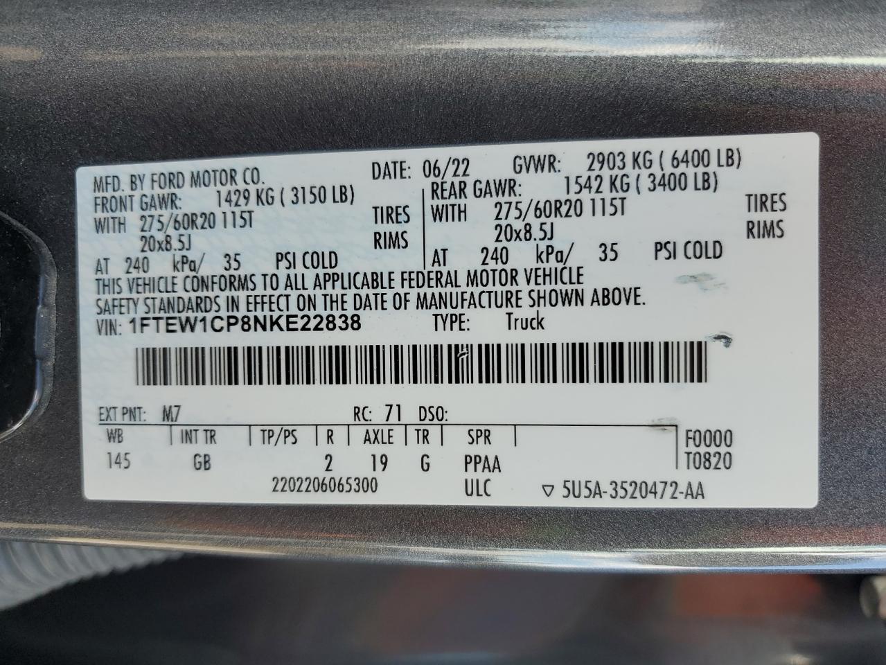 2022 Ford F150 Supercrew VIN: 1FTEW1CP8NKE22838 Lot: 82426975