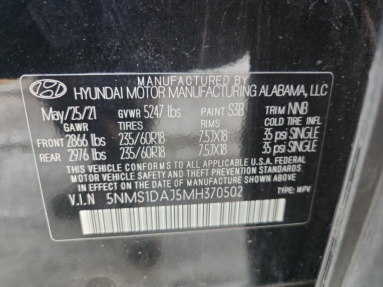 2021 Hyundai Santa Fe Se VIN: 5NMS1DAJ5MH370502 Lot: 81956045